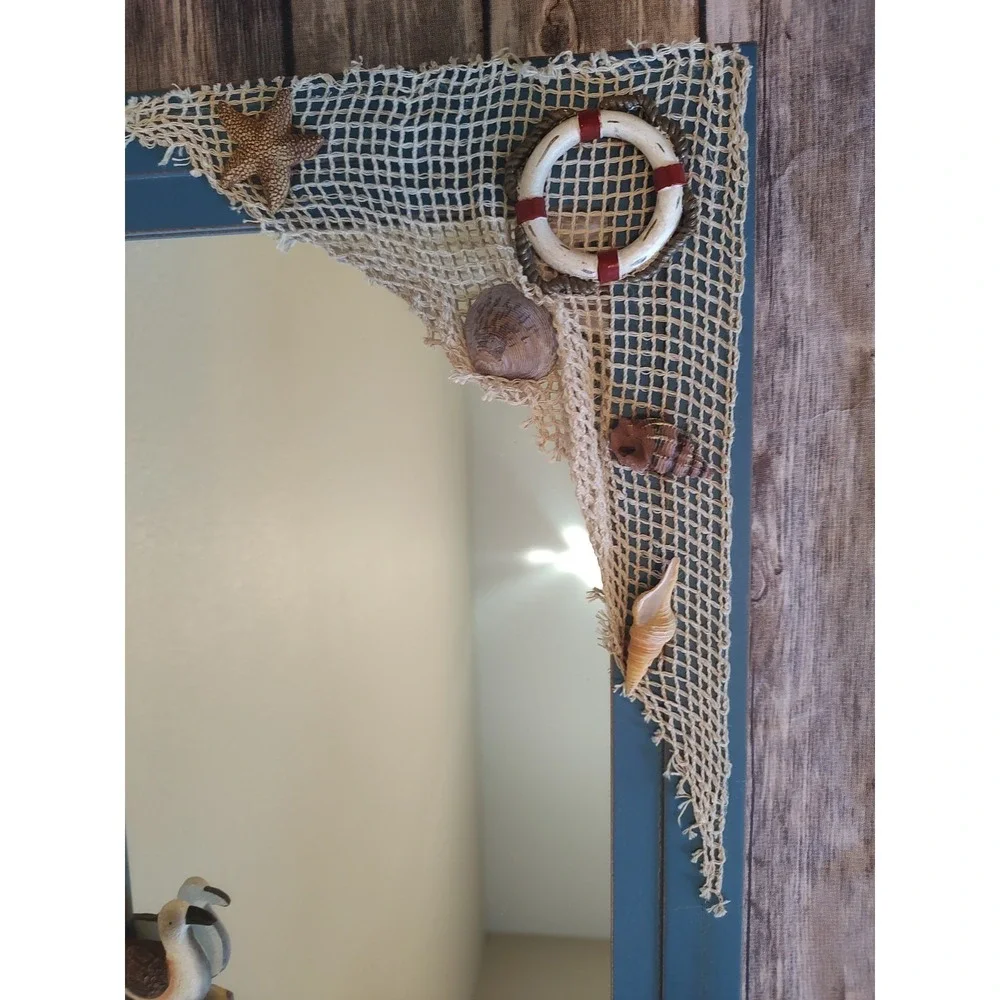 Nautical Beach Theme Mirror Seagull, Net Life Preserver Seashells Hanging Hooks